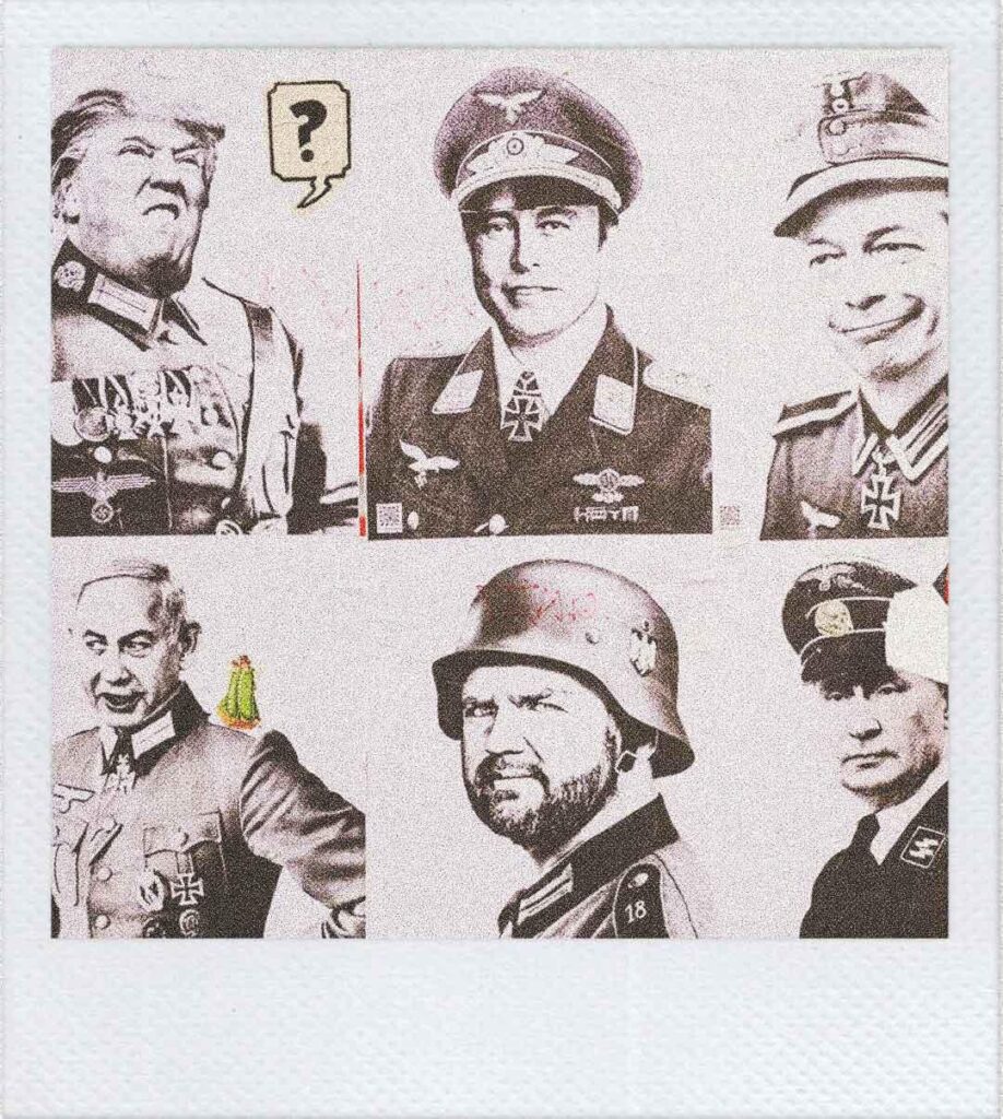 Polaroid dei manifesti con Trump, Musk, Farage, Netanyahu, Vance e Putin in uniformi e insegne naziste apparsi tutti per le strade di Londra.